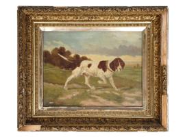 ANTIQUE OIL PAINTING HUNTING DOG SIGNED O FERTING